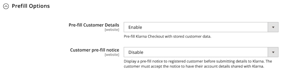 A screenshot of the Prefill Options menu in the Adobe Commerce Admin.