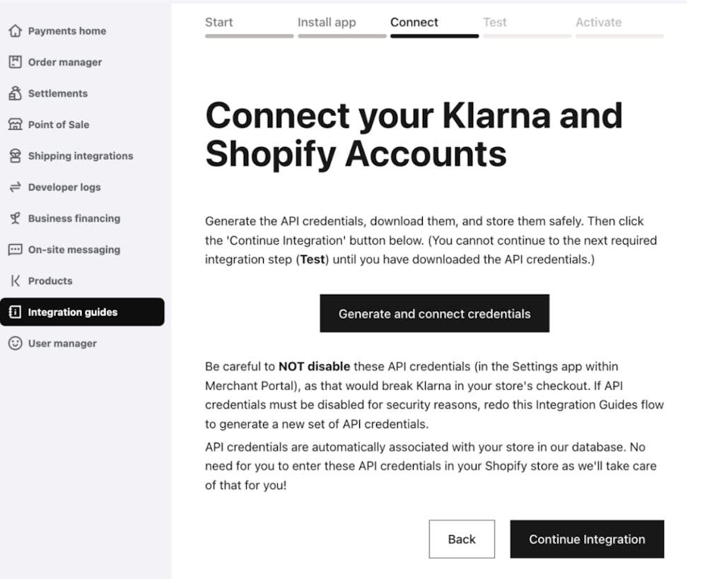 Screenshot of Step 3, Connect, in the Klarna Merchant portal Integration Guides.