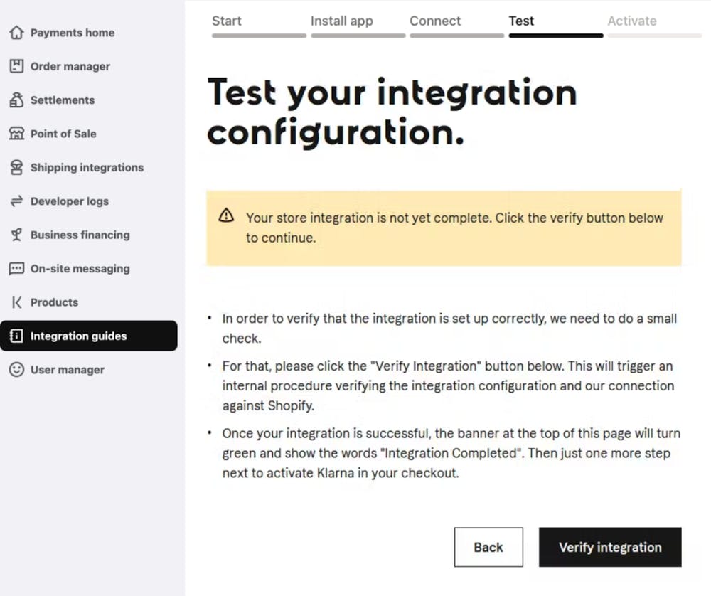 Screenshot of Step 4, Test, in the Klarna Merchant portal Integration Guides.
