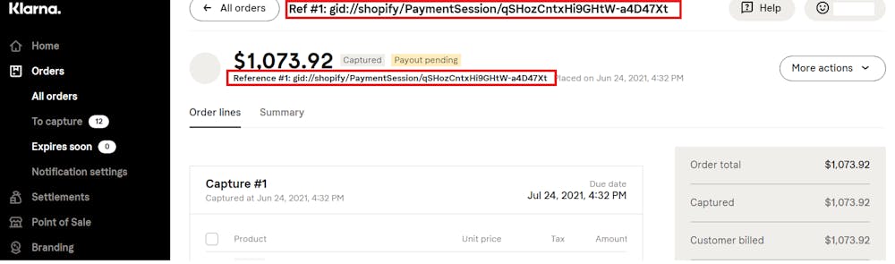 Without Extended Access, the Reference field is populated with the Shopify payment ID.