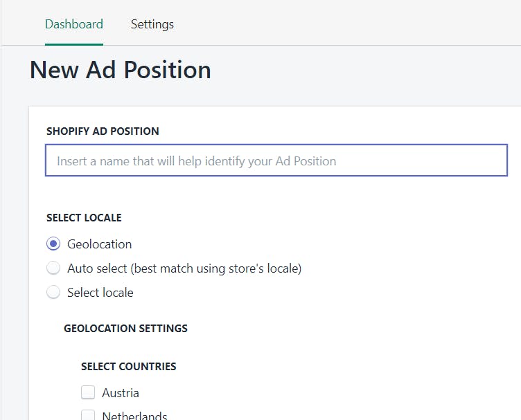 A screenshot of the Select Locale setting in New As Position's Dashboard. 