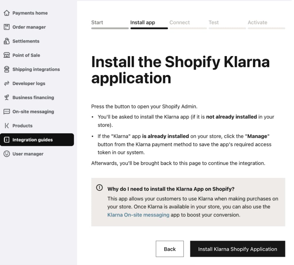 Screenshot of Step 2, Install app, in the Klarna Merchant portal Integration Guides.