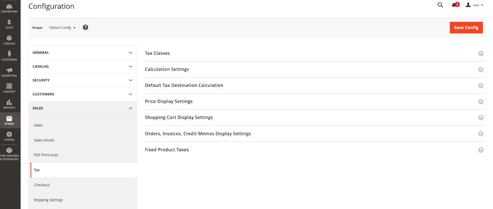 Screenshot of the Tax menu in the Adobe Commerce Admin.