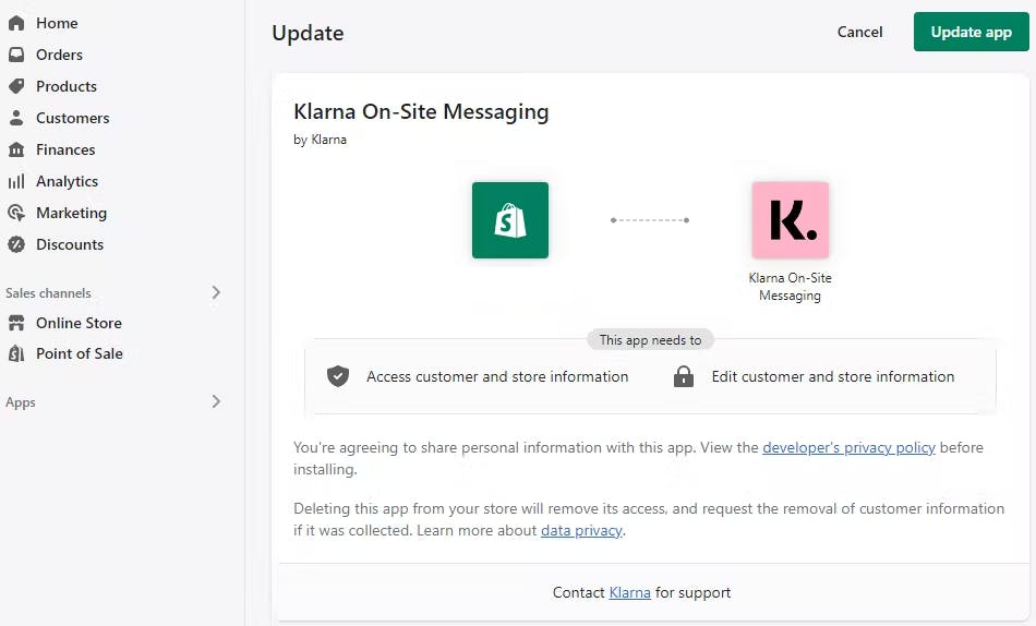 A screenshot showing the activation of Extended Access for the Klarna OSM Shopify app in Shopify admin.