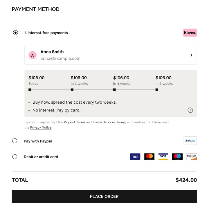 View of checkout with Klarna preselected as the default payment method.