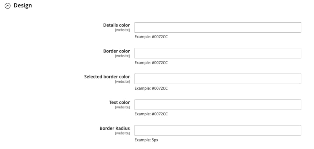 Screenshot of the Design confuguration options in the Adobe Commerce Admin.