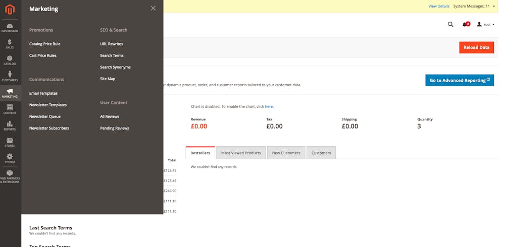 Screenshot of the Marketing menu in the Adobe Commerce Admin, showing the Promotions configuration.