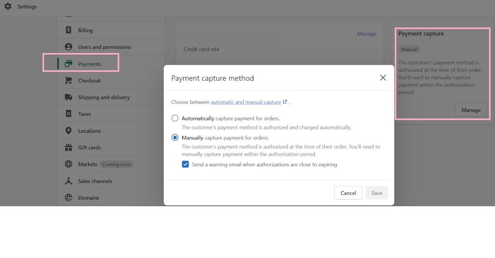A screenshot of the Payment capture method setting in Shopify store admin.