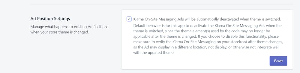 A screenshot of the Ad position settings configuration for the Klarna OSM Shopify app.
