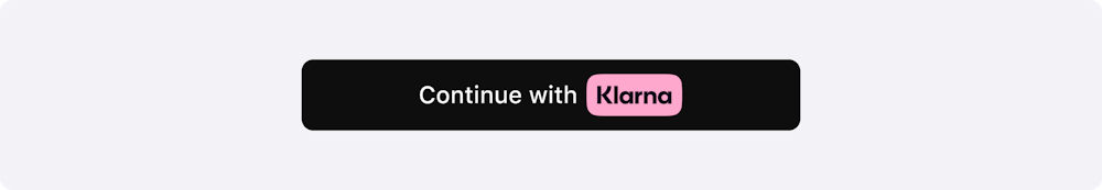 An image showing the Sign in with Klarna button in the default dark theme with a black background. The button text is "Continue with Klarna".