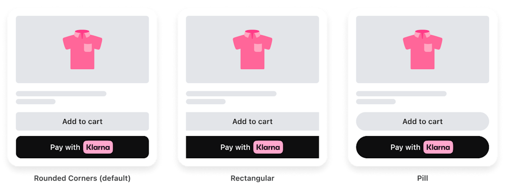 An image showing shopping site prototypes with all available shapes that can be applied to the Express checkout button: the default shape, the rectangular shape, and the pill shape.