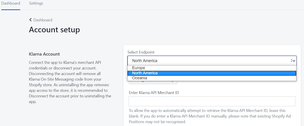 A screenshot of Account setup in Shopify admin showing endpoints for available locations.