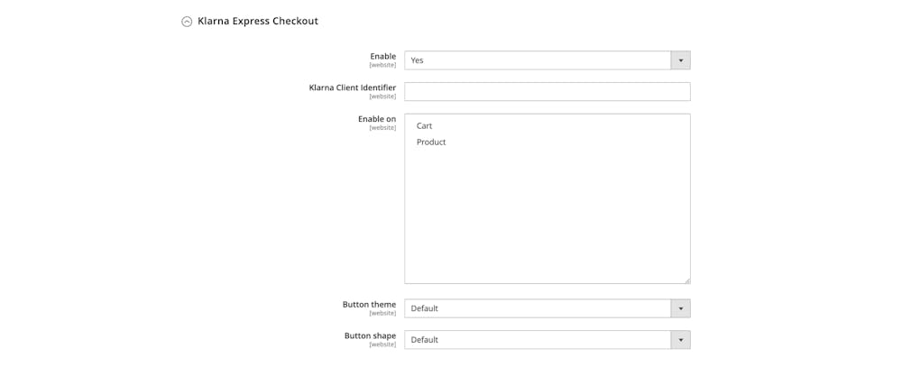 A screenshot of the Adobe Commerce Klarna payment extension settings for Klarna Express Checkout.
