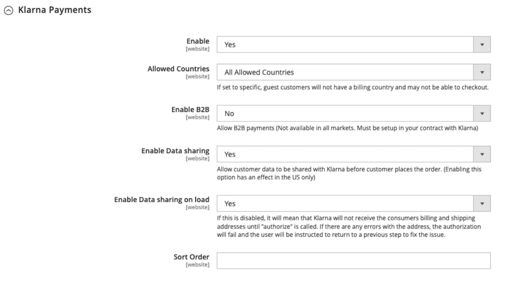 Screenshot of the Klarna Payments configuration settings, showing the Enable B2B option.