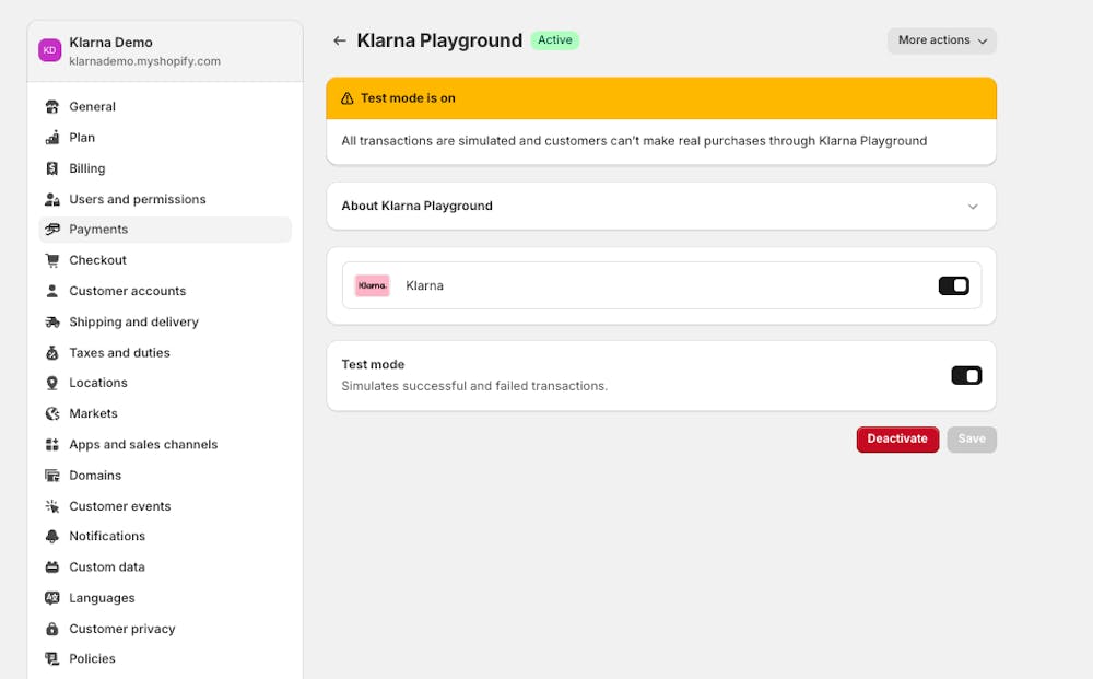 An image displaying Klarna in the Shopify Payments settings where the deactivation button can be seen.