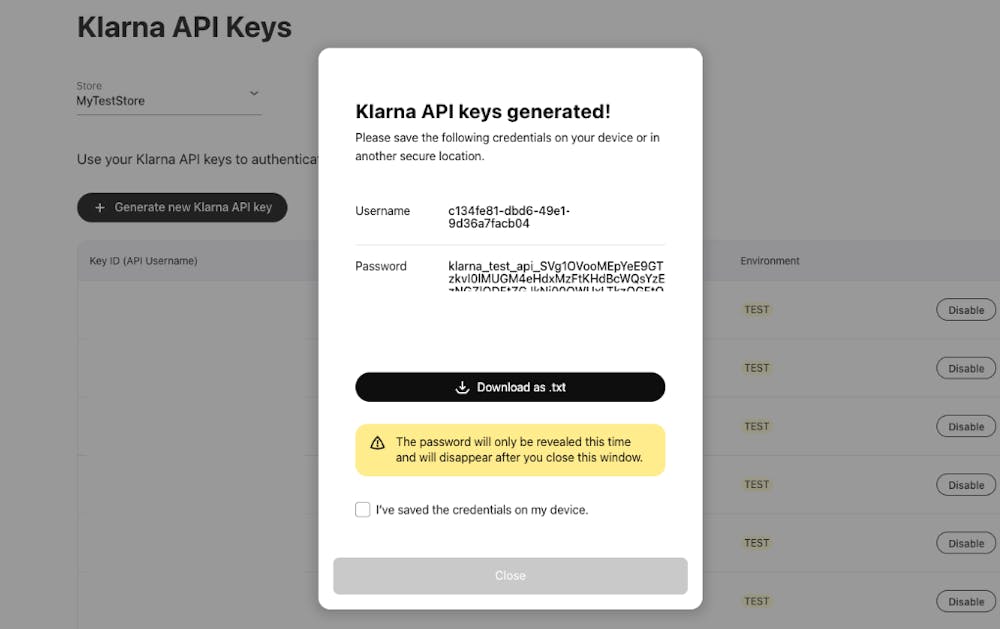 A picture displaying Klarna API keys generated in the Merchant Portal.