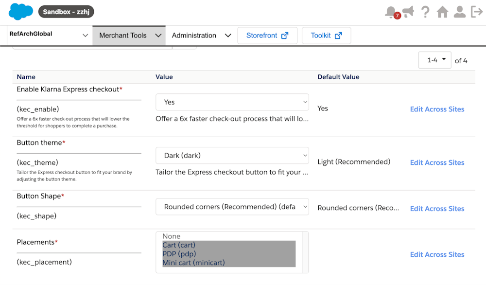 Klarna Express checkout configuration