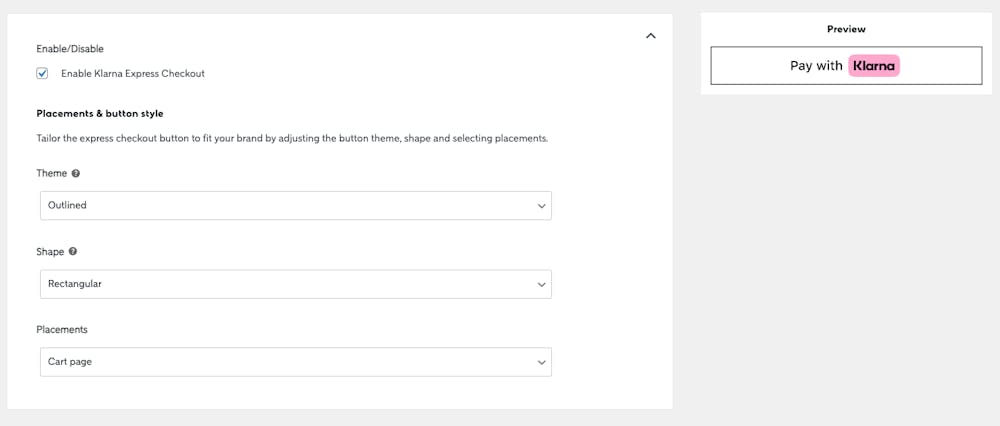 Express Checkout settings within the Klarna plugin for WooCommerce.