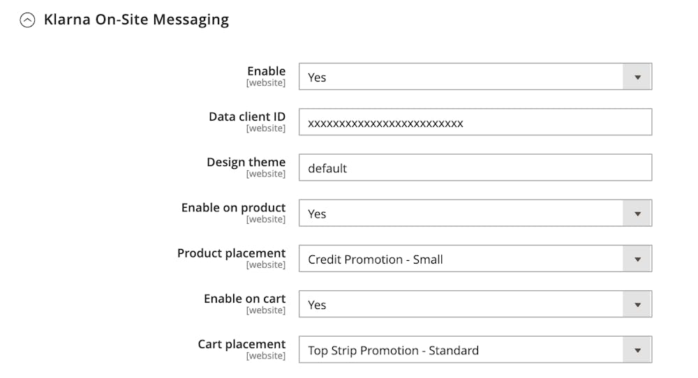 A screenshot of Adobe Commerce Admin showing On-site messaging configuration in the Klarna extension.