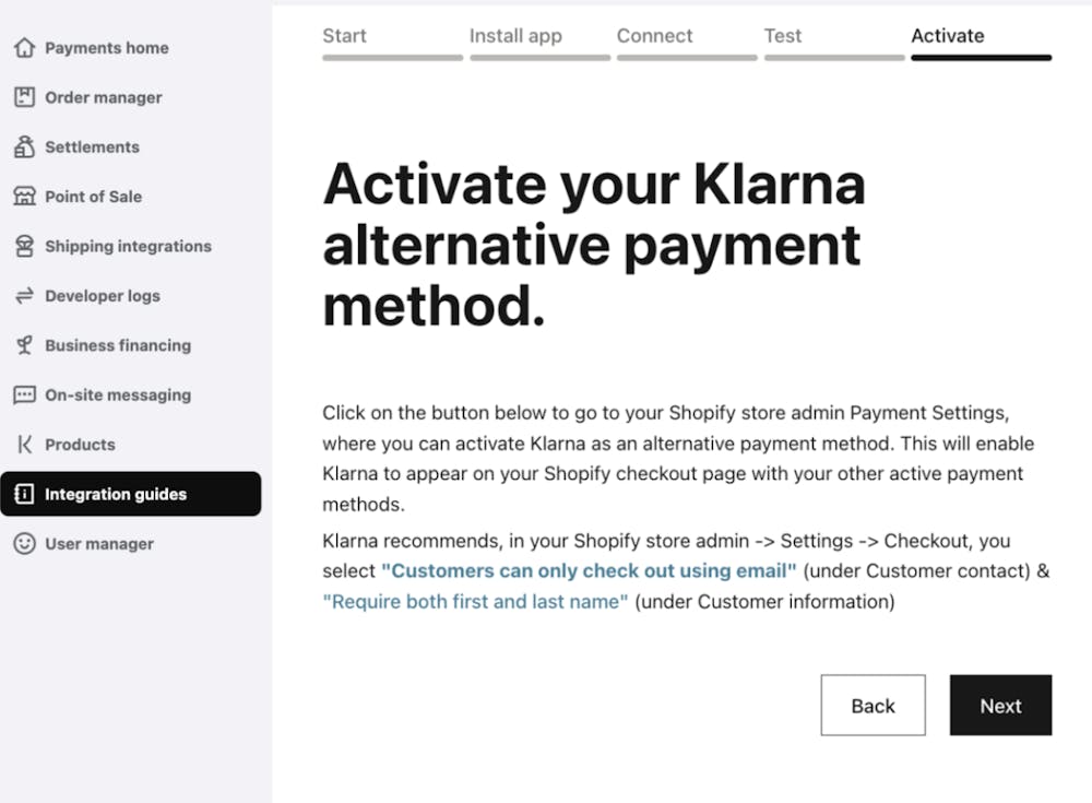 Screenshot of Step 5, Activate, in the Klarna Merchant portal Integration Guides.