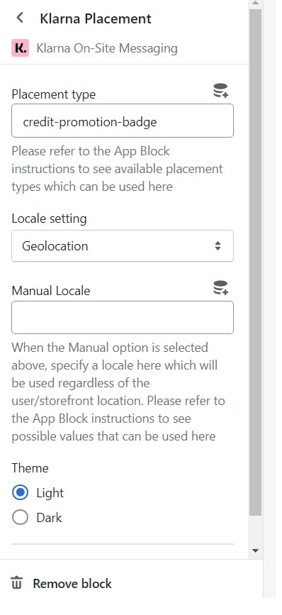 The configuration options available within the Klarna Placement app block.