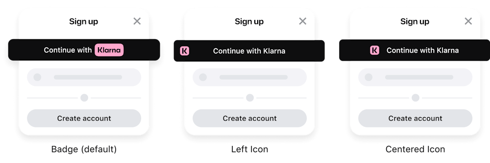 An image showing all available shapes that can be applied to the standard Sign in with Klarna button: Badge (default), left icon, and centered icon.