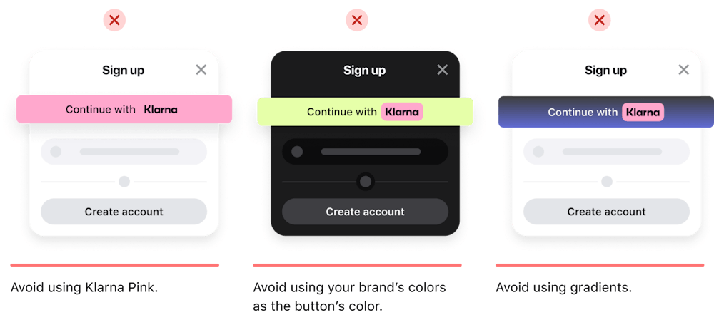 An image showing examples of colors that should be avoided as background colors for the Sign in with Klarna button.