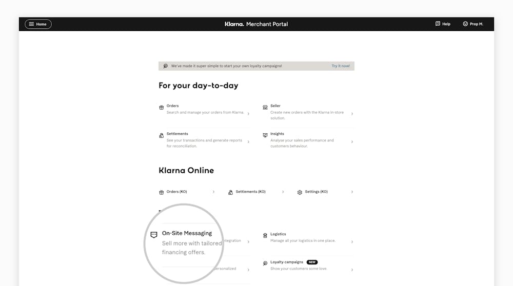 On-site Messaging app location in the Merchant Portal Screenshot
