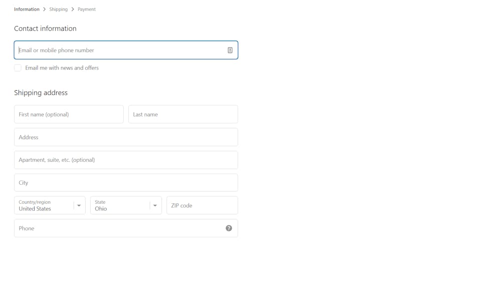 Screenshot of the Contact information section in Shopify Checkout.