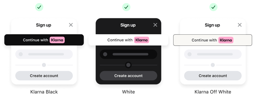 An image showing custom Sign in with Klarna buttons with different colors used as background colors: Klarna black, white, and Klarna off white.