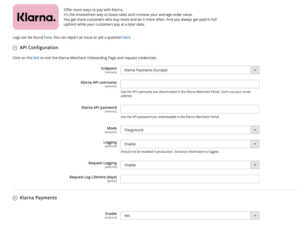 Screenshot of the API configuration settings in Klarna's Adobe Commerce extension.