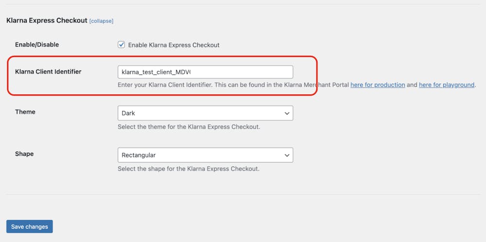 A screenshot of the WooCommerce Klarna payment plugin settings for Klarna Express Checkout.