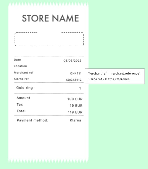An example of a customer receipt showing merchant's and Klarna's reference numbers. 