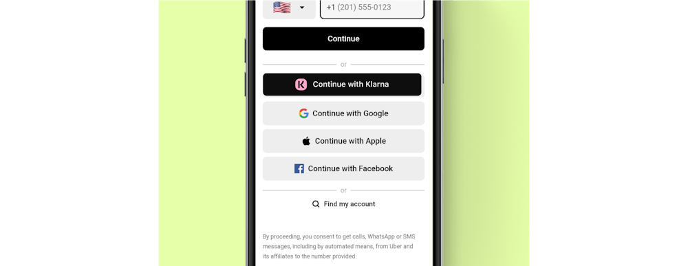 An image a mobile screen with a custom Sign in with Klarna button where the Klarna icon is used.