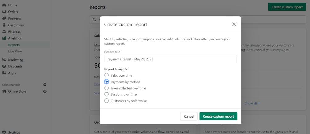 Create a report in the Shopify help center.