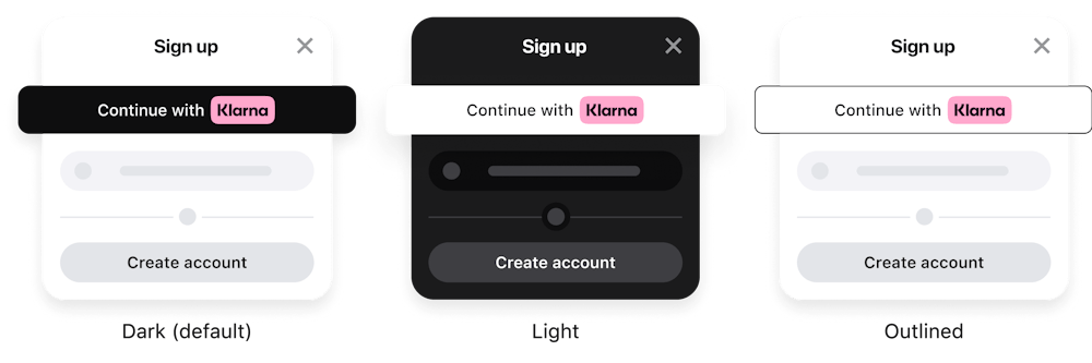 An image showing all available themes that can be applied to the standard Sign in with Klarna button: Dark (default), Light, and Outlined.