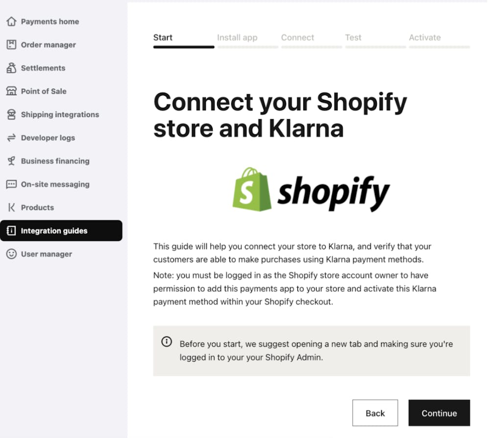 Screenshot of Step 1, Start, in the Klarna Merchant portal Integration Guides.