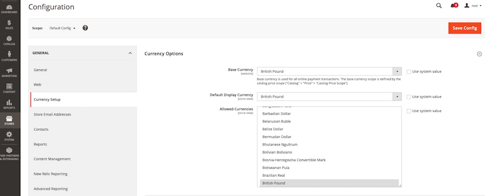 Screenshot of the Currency Options configuration in the Adobe Commerce Admin.
