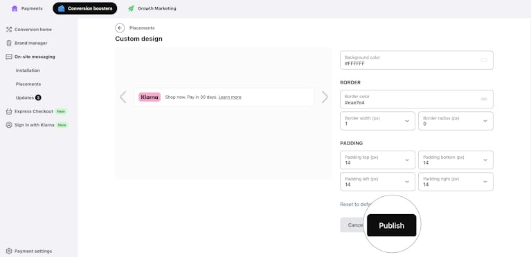 Publishing a custom placement