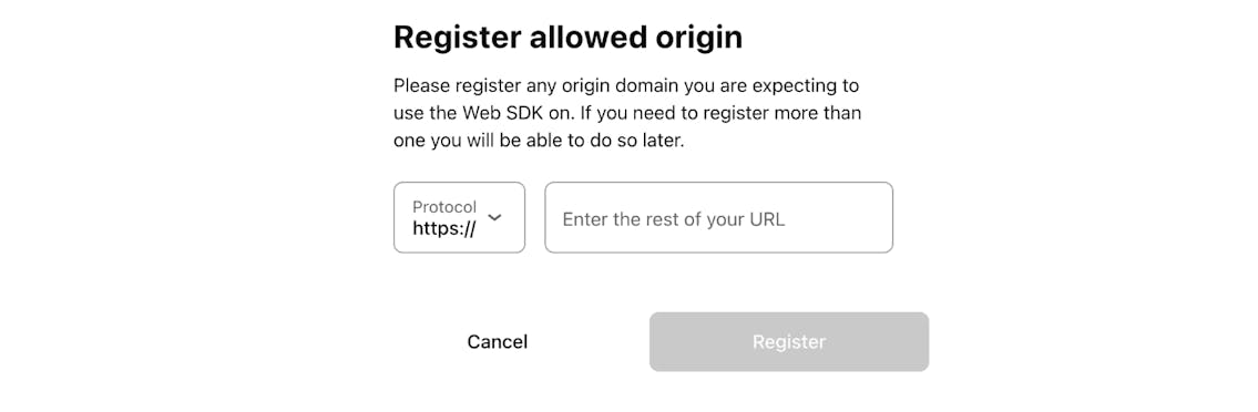 The screenshot of the Klarna Merchant portal showing the Register allowed origin popup within the Payment settings menu.