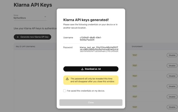 A picture displaying Klarna API keys generated in the Merchant Portal.