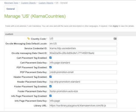 SFCC - Klarna Countries Custom Object