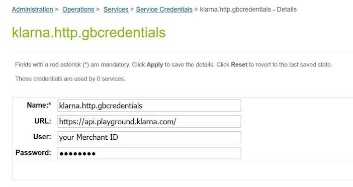 SFCC - Klarna Payment Service Settings