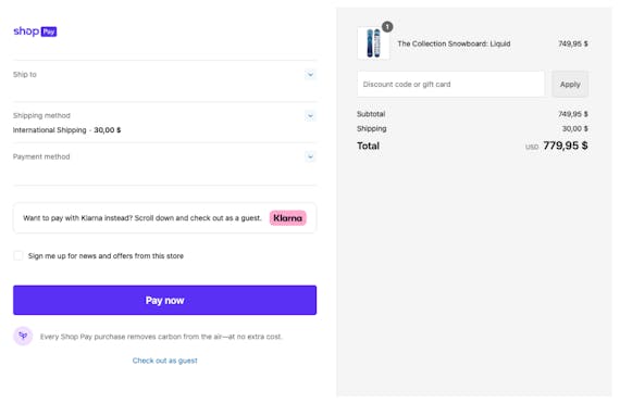 A screenshot displaying customized Klarna On-site Messaging in the ShopPay checkout.