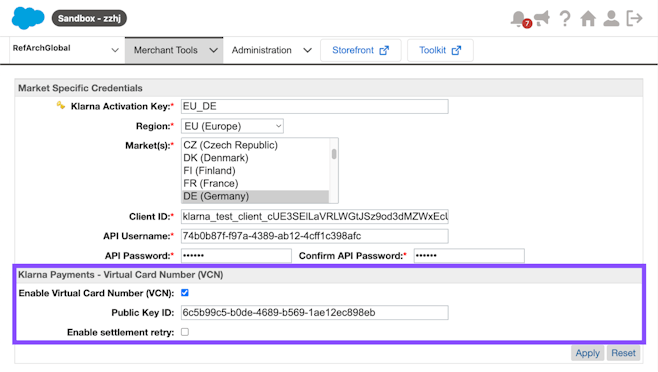 VCN settings in Klarna activation custom object