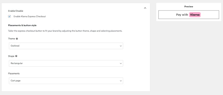 Express Checkout settings within the Klarna plugin for WooCommerce.