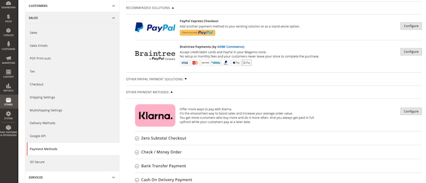 Screenshot of the Payment Methods configuration screen, showing Klarna under Other Payment Methods.