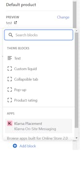 A screenshot from the Klarna On-site messaging Shopify app showing the App Block inside a product template.