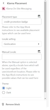 The configuration options available within the Klarna Placement app block.