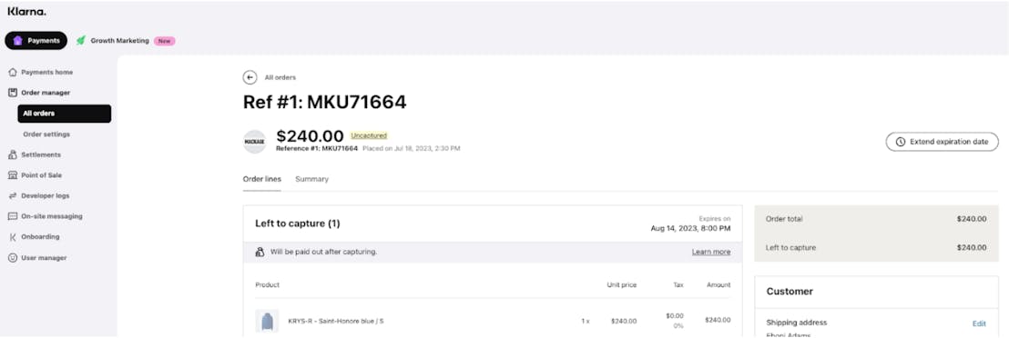 A screenshot from the Klarna Merchant portal with additional order details available when Extended Access is granted to the Klarna On-site messaging Shopify app.